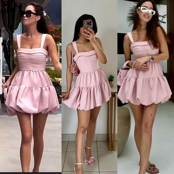 Zara NWT draped balloon bubble hem pink mini dress with ruched detail - Picture 2 of 15